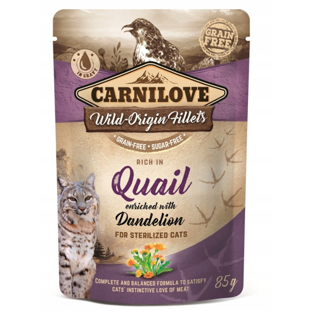Opakowanie karmy dla kotów z ptakiem, tekstem 'Carnilove' i obrazami kota i kwiatów. Mówi 'Przepiórka wzbogacona mniszkiem lekarskim'.