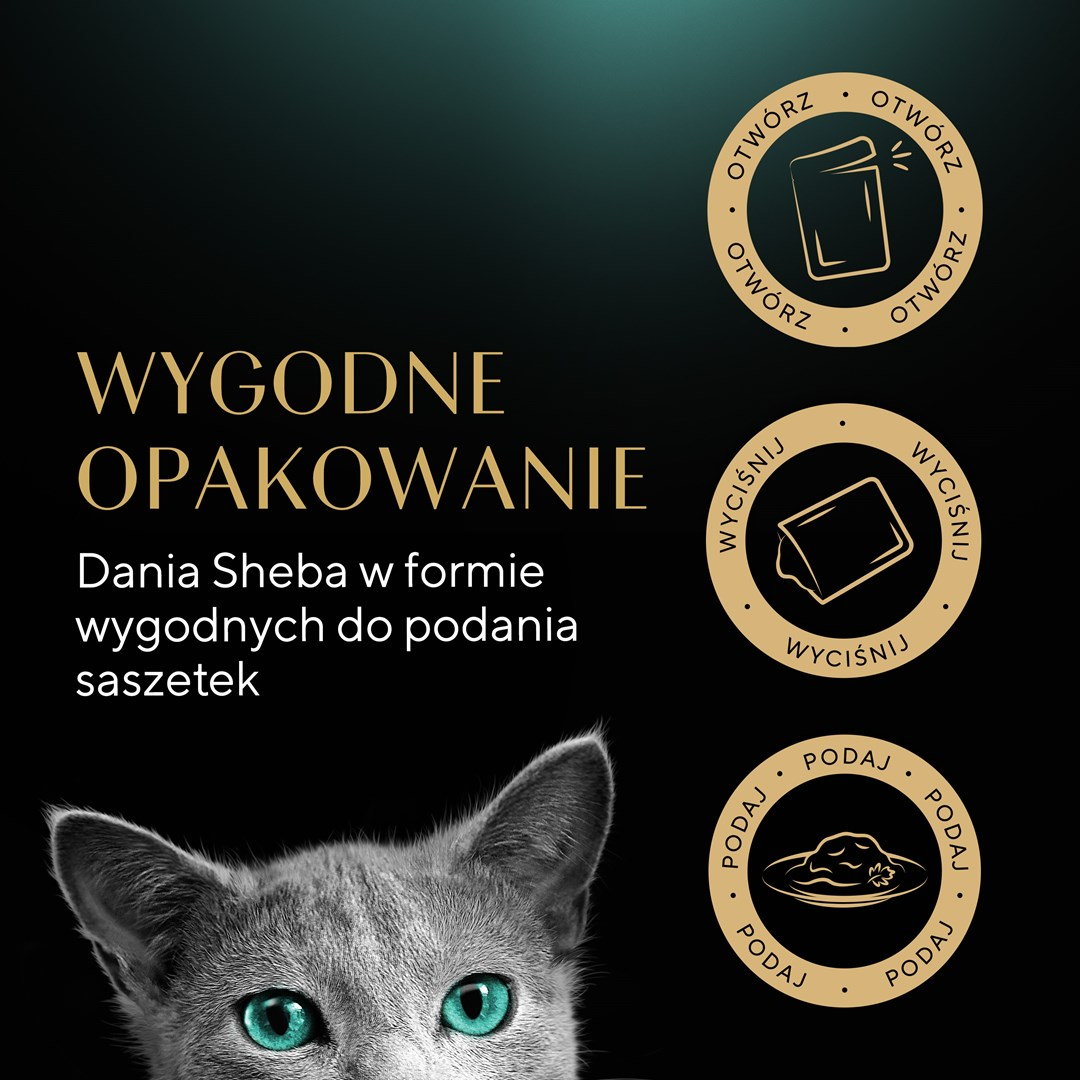 Twarz kota z jasnymi turkusowymi oczami. Tekst: 'Wygodne opakowanie', 'Posiłki Sheba w wygodnych saszetkach'.