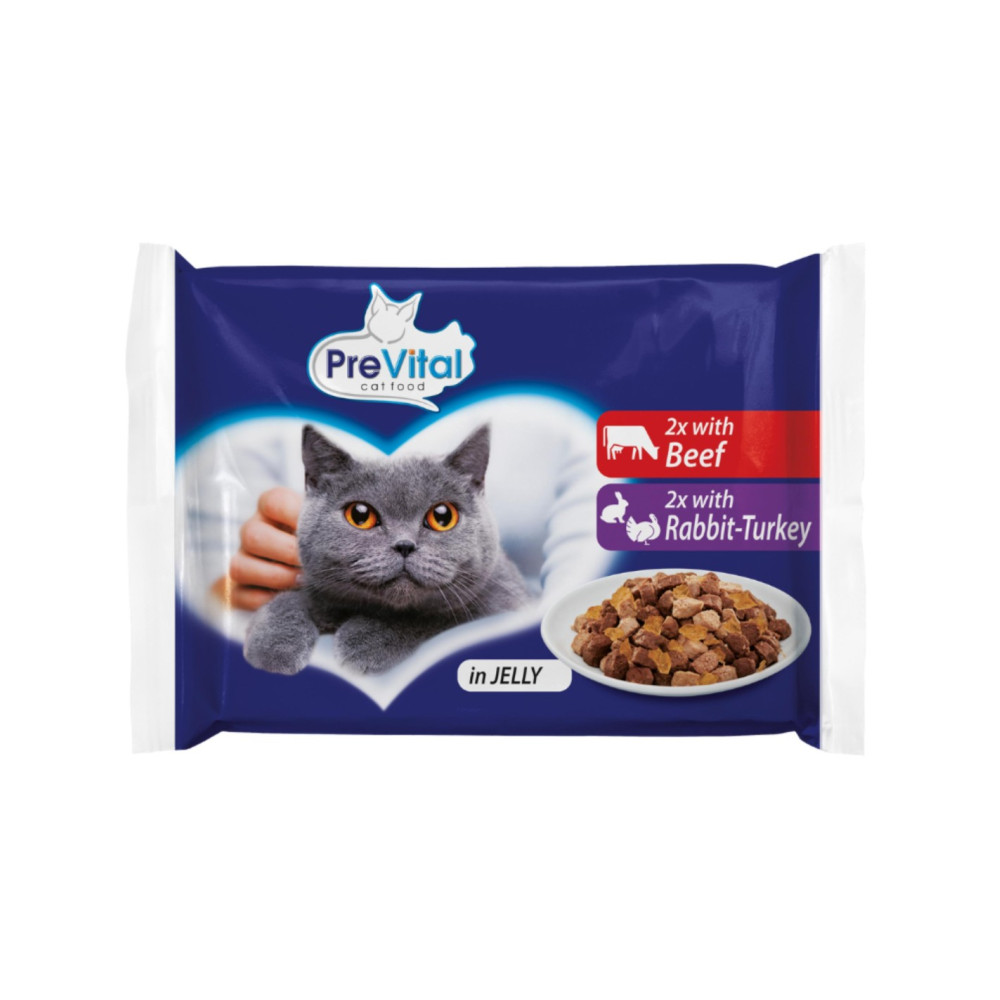 Opakowanie karmy dla kotów. Szary kot pośrodku. Tekst: PreVital, 2x z wołowiną, 2x z królikiem-indykiem. Jedzenie w galarecie.