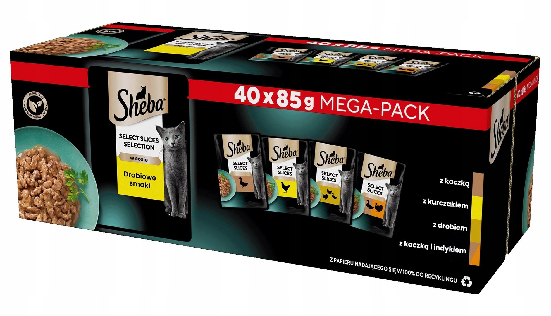 Pudełko karmy dla kotów Sheba, czarne, czerwone i turkusowe. Zawiera saszetki karmy dla kotów o różnych smakach.