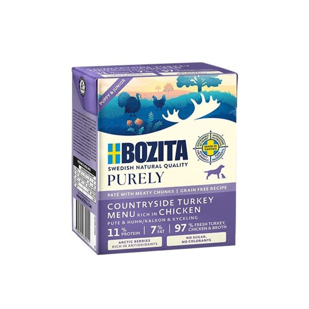 Pudełko z karmą dla psów ze zdjęciem indyków. Tekst: Bozita, Swedish Natural Quality, Purely, Countryside Turkey Menu.