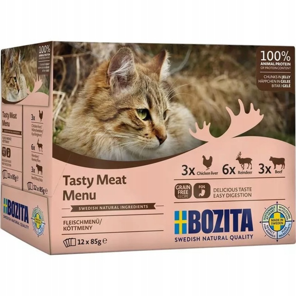 Pudełko z karmą dla kotów. Zawiera obraz kota, tekst 'Tasty Meat Menu' i informacje o składnikach. Od Bozita, Swedish Natural Quality.
