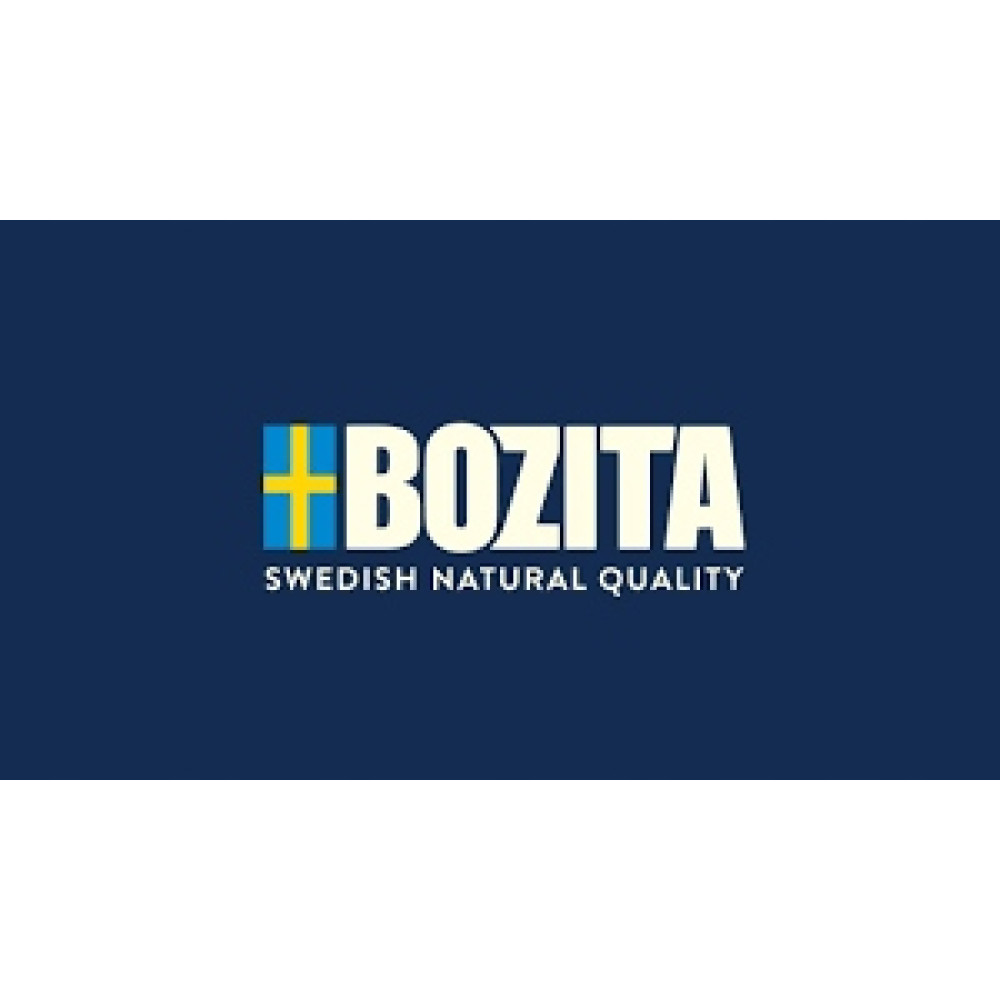Logo Bozita na ciemnoniebieskim tle. Zawiera flagę Szwecji oraz tekst 'BOZITA' i 'SWEDISH NATURAL QUALITY'.