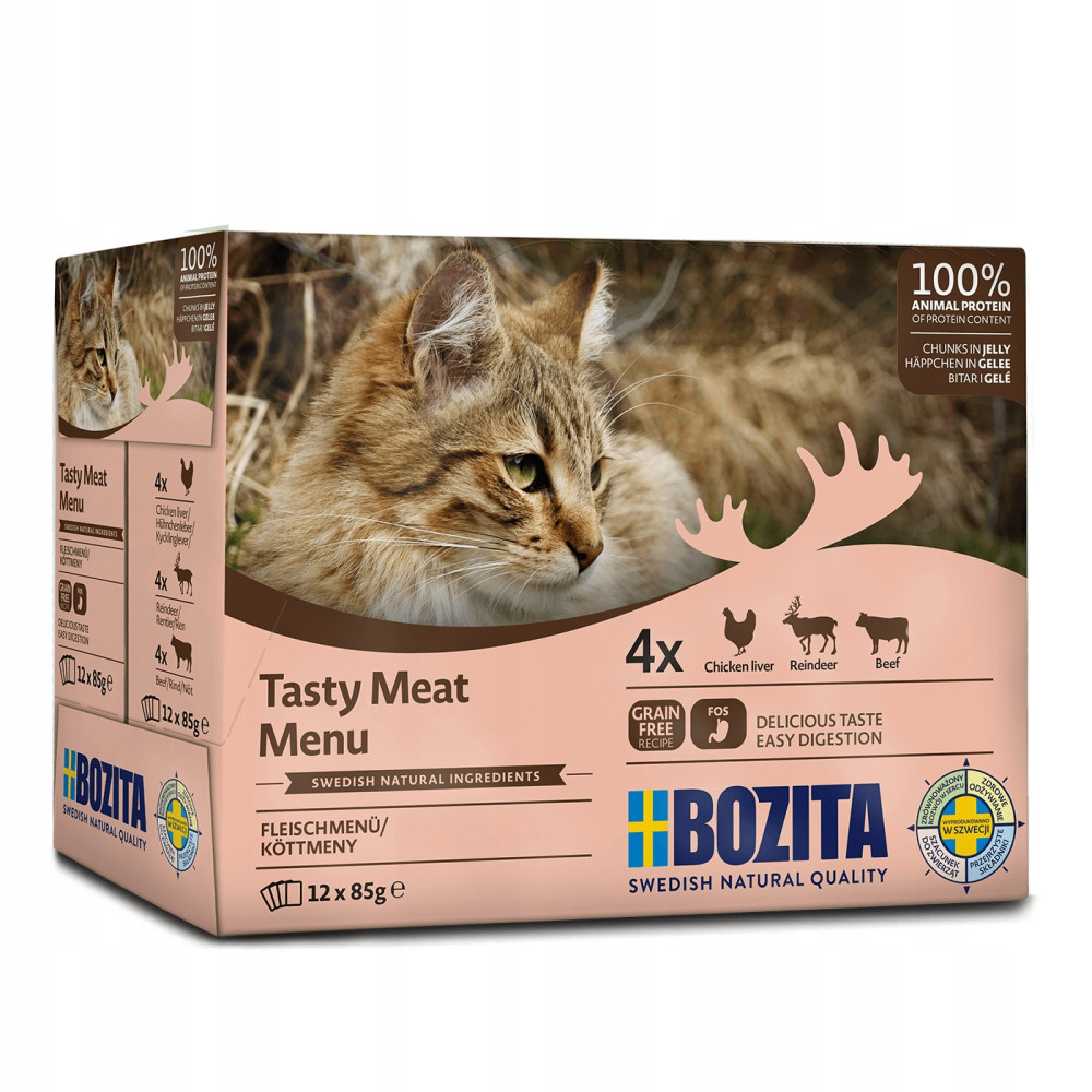 Pudełko z karmą dla kotów ze zdjęciem kota. Zawiera wątróbkę z kurczaka, renifera i wołowinę. Marka: Bozita. Szwedzkie naturalne składniki.