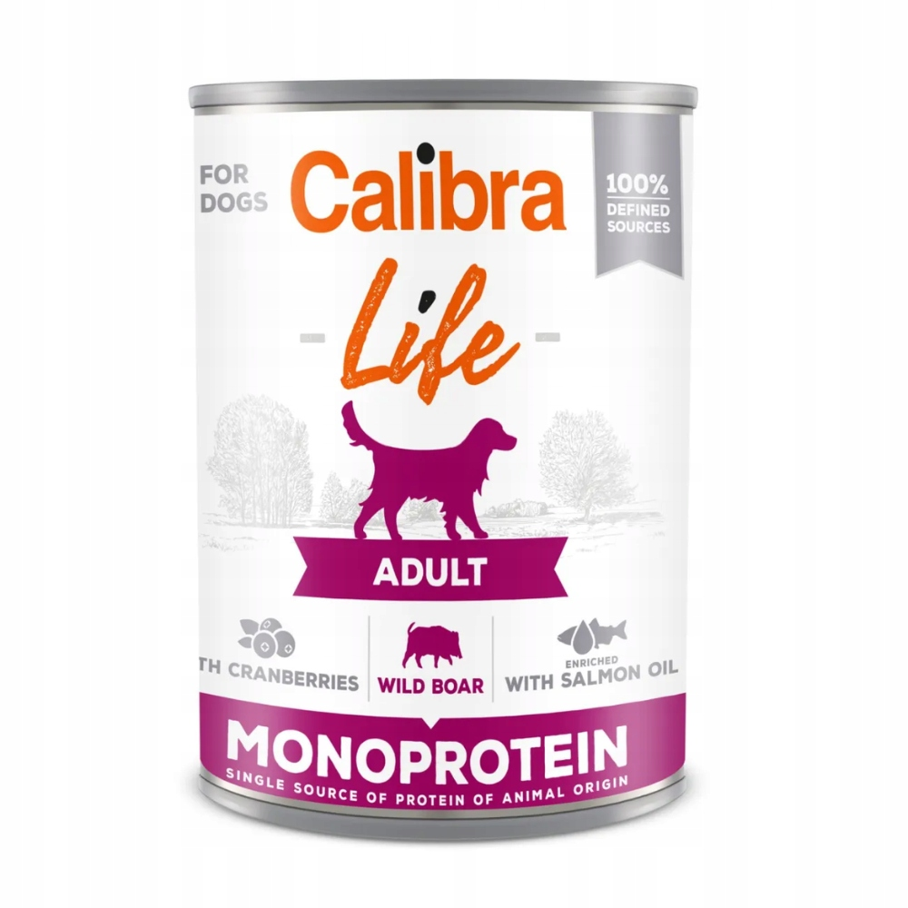 Lata de comida para perros con la etiqueta Calibra Life. Contiene arándanos, jabalí y aceite de salmón. Contiene la palabra 'Adult' y 'Monoproteína'.
