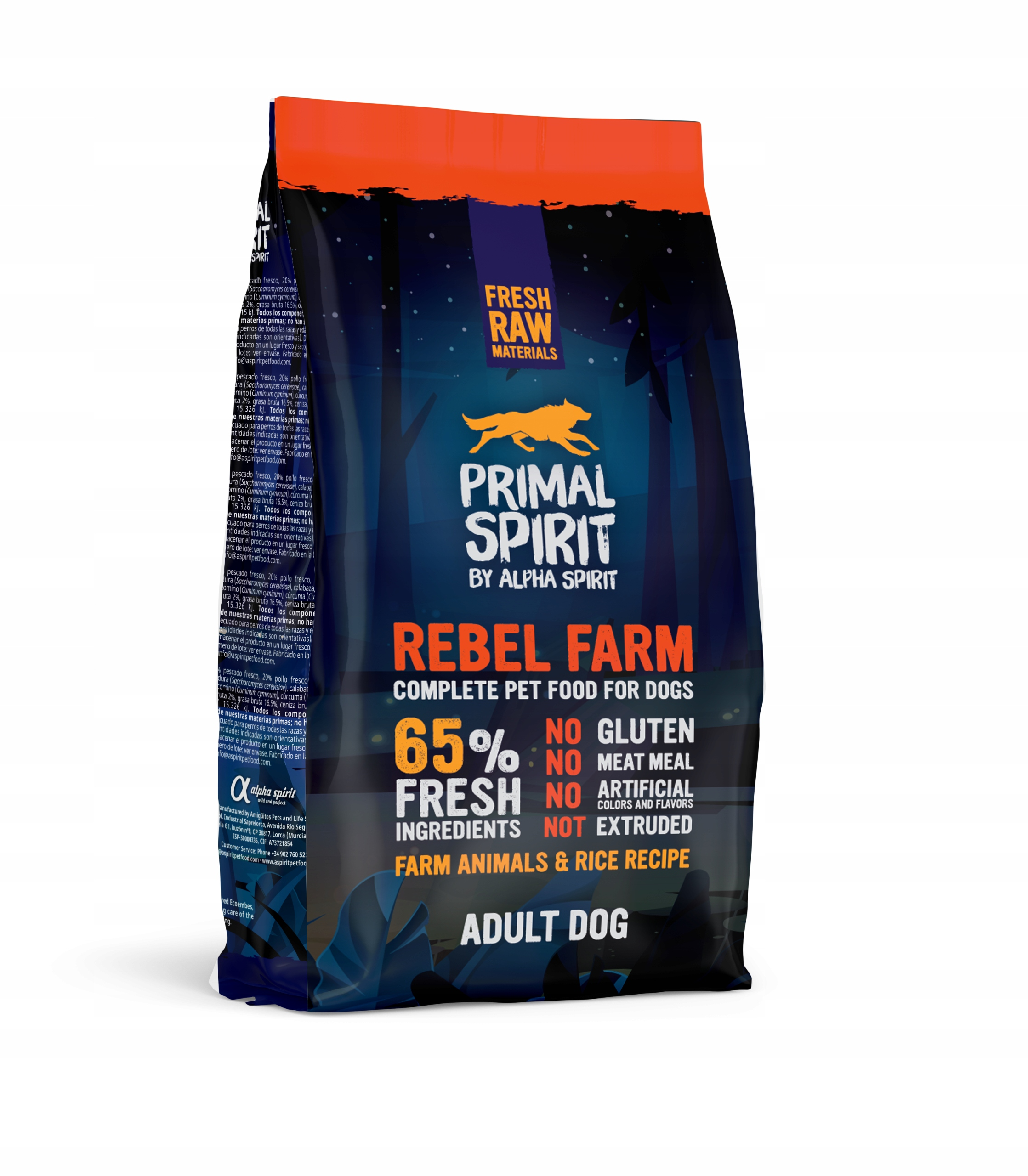 Torba karmy dla psów w kolorach pomarańczowym i niebieskim. Zawiera tekst i logo biegnącego wilka. Marka to Primal Spirit.