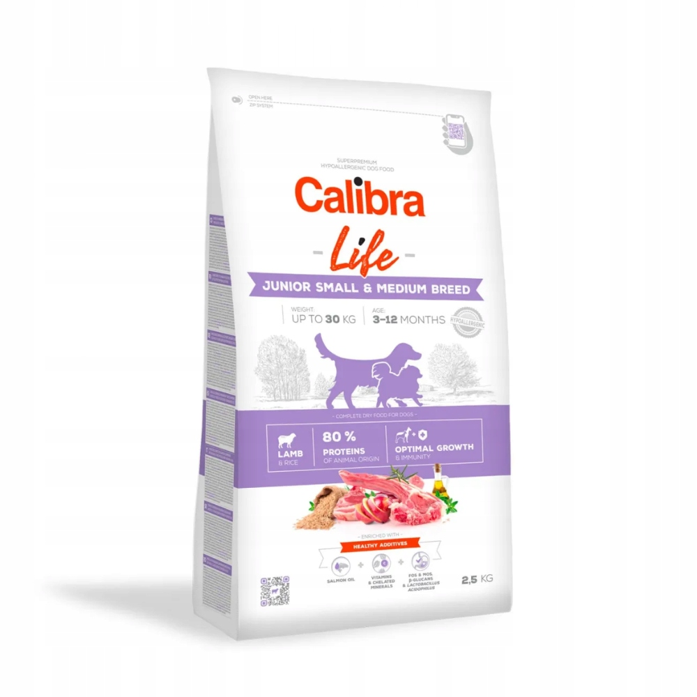 Bolsa de comida para perros. Blanco con acentos morados. Texto 'Calibra Life'. Contiene imágenes de perros, carne y verduras. Etiqueta 'Junior'.