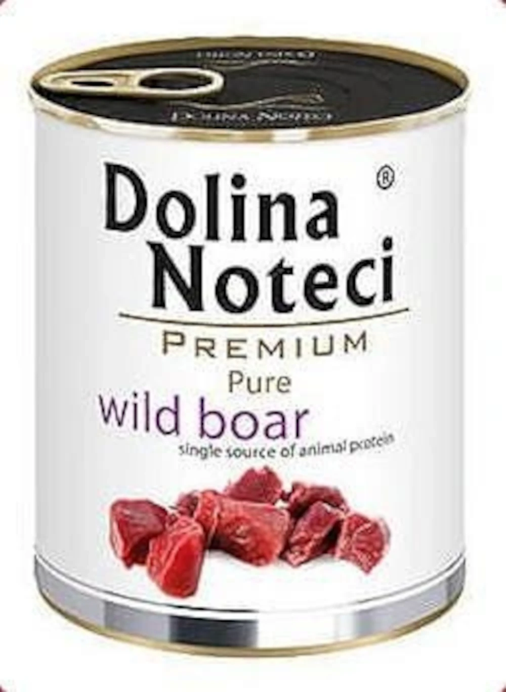 Puszka Dolina Noteci Premium Pure z dzika. Na dole surowe mięso. Puszka jest biała z czarnym i złotym.