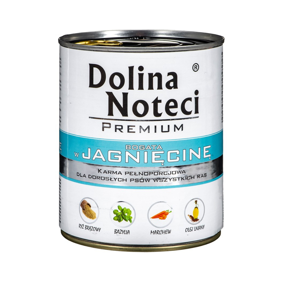 Puszka karmy dla psów z napisem "Dolina Noteci Premium" i składnikami takimi jak ryż, bazylia, marchew i olej.