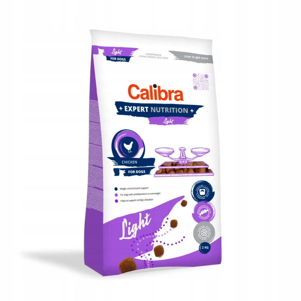 Torba karmy dla psów. Biało-fioletowa, z logo "Calibra", ilustracją kurczaka i tekstem "Light". Zawiera 2 kg.