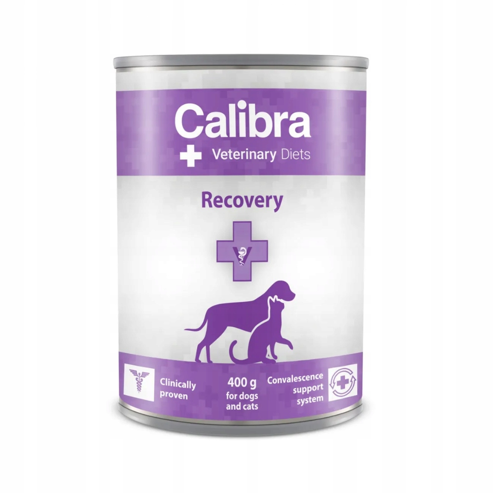 Una lata de comida Calibra Veterinary Diets Recovery. Presenta una silueta de perro y gato, un símbolo de cruz y texto sobre el producto.