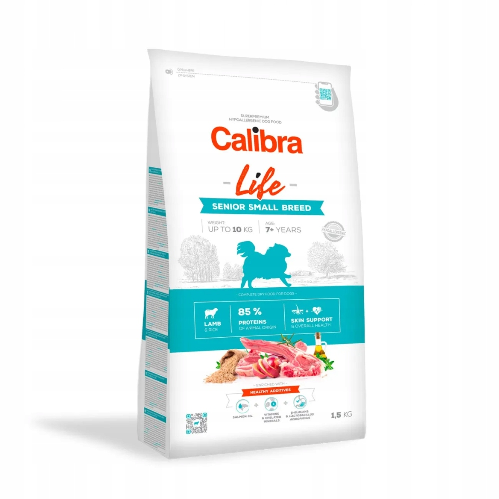 Una bolsa de comida para perros Calibra Life, para razas pequeñas senior, con cordero y arroz, 85% proteínas.