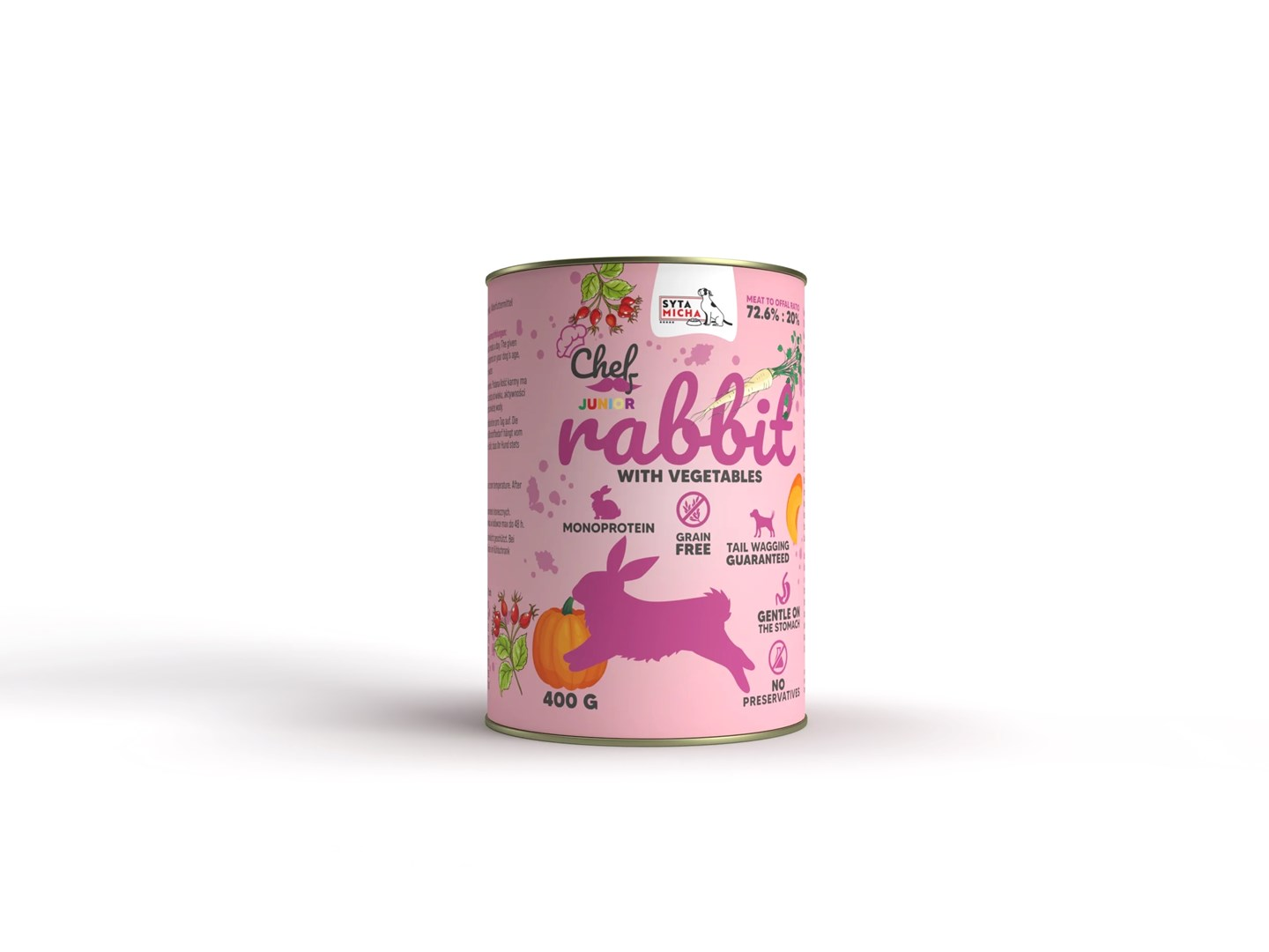 Różowa puszka karmy dla zwierząt z napisem 'Chef Junior rabbit with vegetables'. Zawiera różową sylwetkę królika, dynię i inne grafiki.