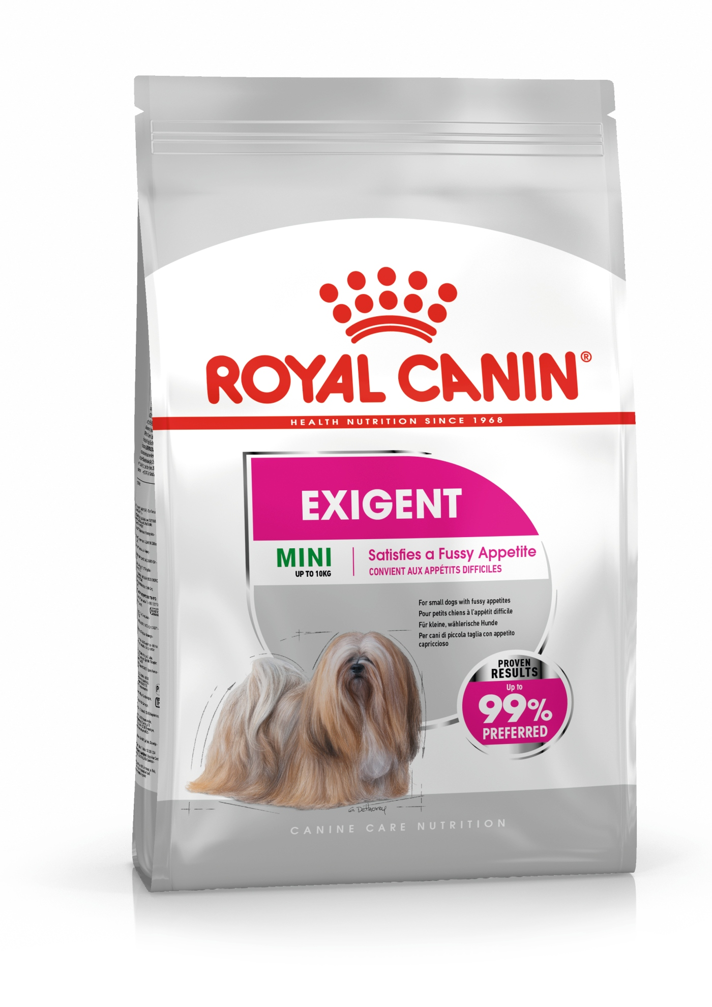 Una bolsa de comida para perros con texto e imagen de perro. El texto dice 'Royal Canin', 'Exigent Mini' y '99% preferido'.