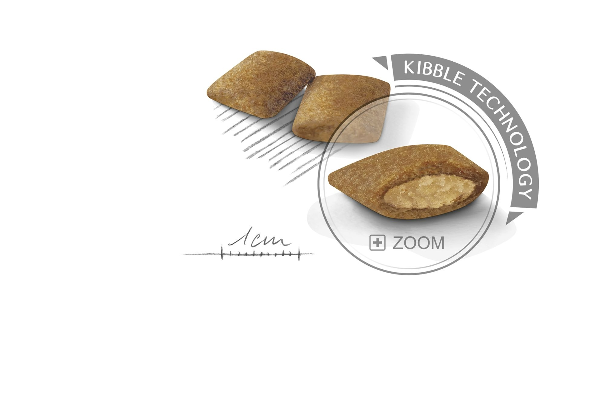 Tres croquetas de comida para perros, marrones y texturizadas, dispuestas sobre un fondo blanco con un gráfico de 'Kibble Technology' y un botón de zoom.