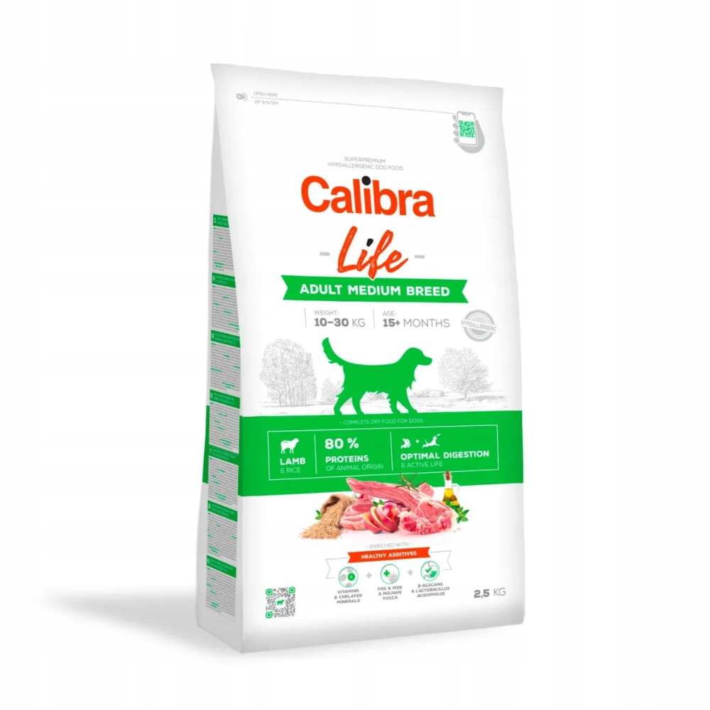 Bolsa de comida para perros con el logotipo de Calibra Life. Muestra una silueta verde de perro, cordero y arroz. 2,5 KG.