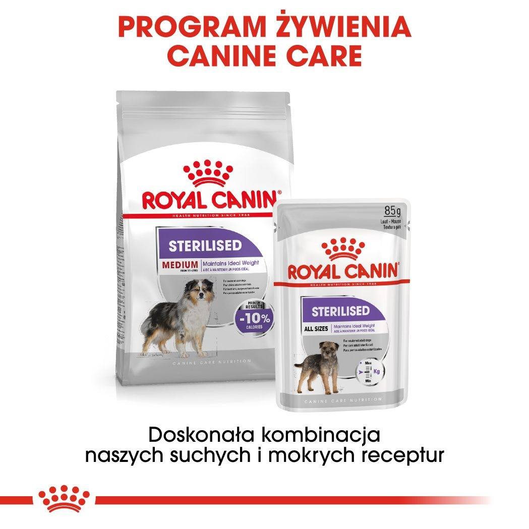 Dos envases de comida para perros Royal Canin. Una bolsa grande y una bolsa pequeña. Ambos tienen imágenes de perros e información del producto.