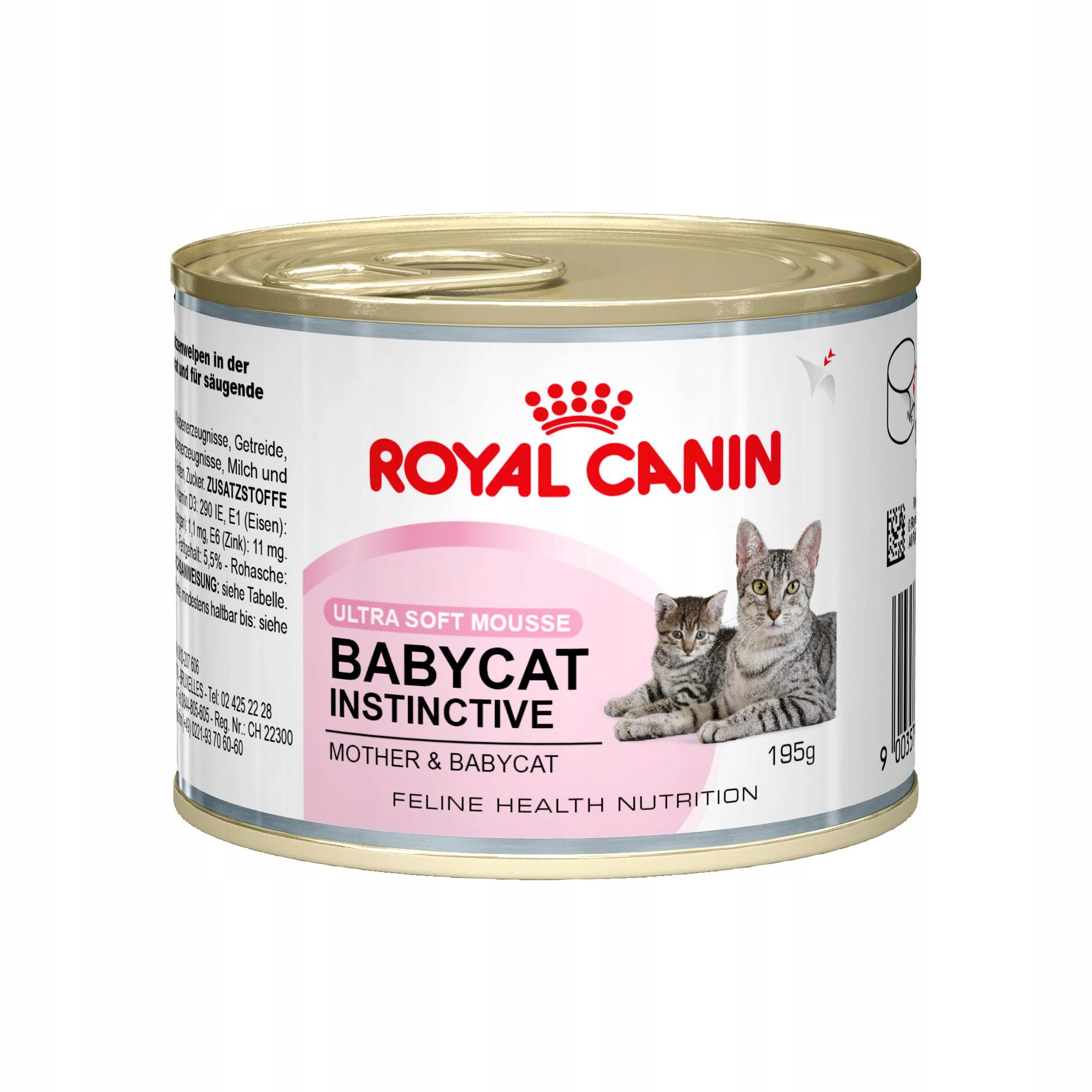 Puszka karmy dla kotów Royal Canin Babycat Instinctive. Ma zdjęcia dwóch kociąt i szczegóły produktu na etykiecie.