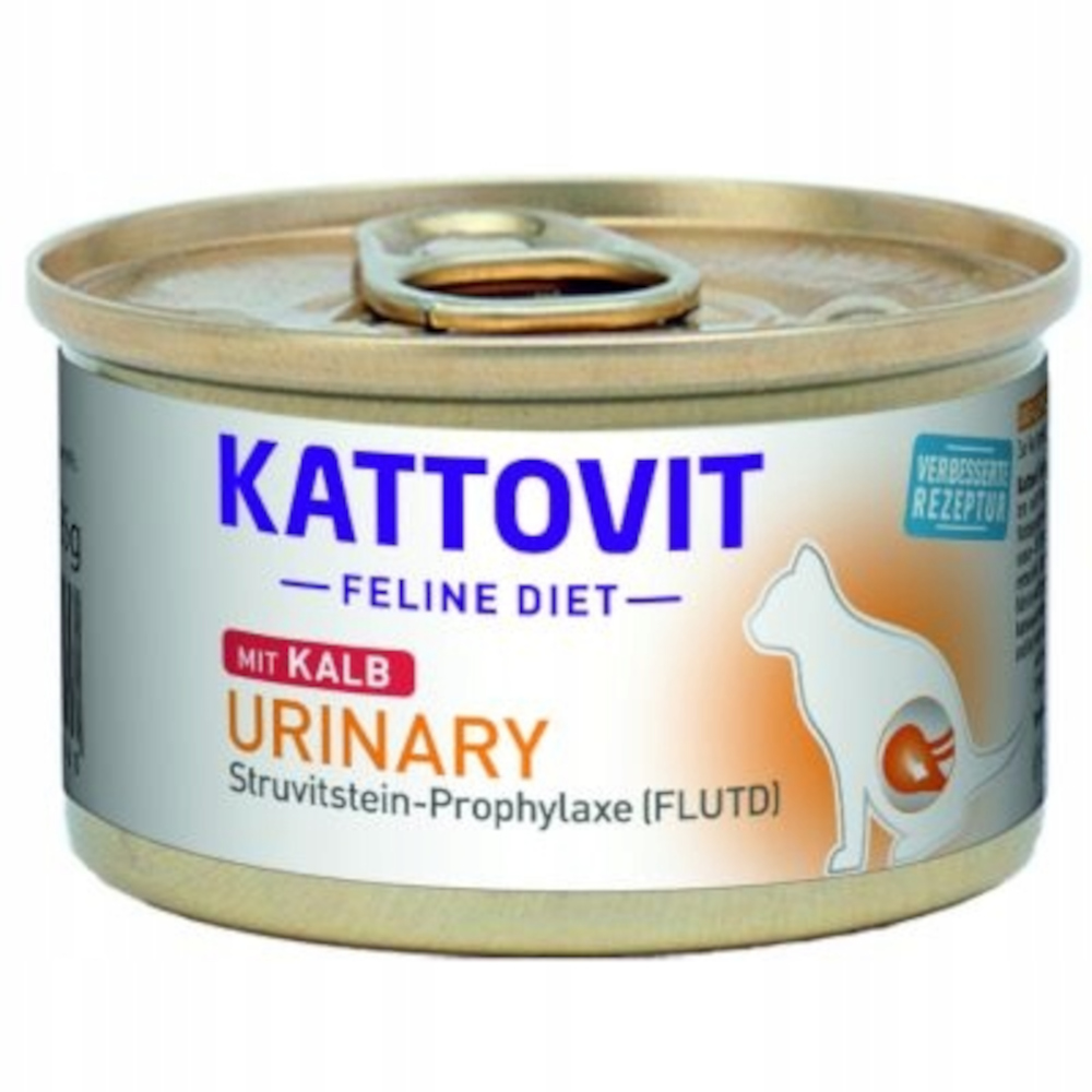 Puszka karmy dietetycznej dla kotów KATTIVIT. Zawiera napis "URINARY" i zdjęcie kota. Puszka jest wykonana z metalu.