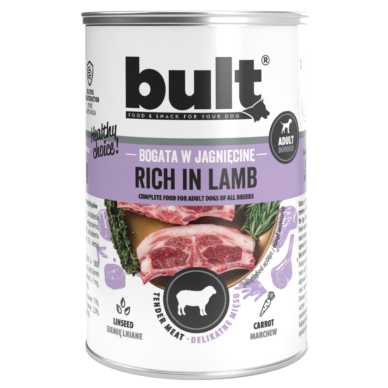 Puszka karmy dla psów z jagnięciną. Etykieta głosi 'Rich in Lamb', 'Tender Meat'. Są zdjęcia jagnięciny i owcy.