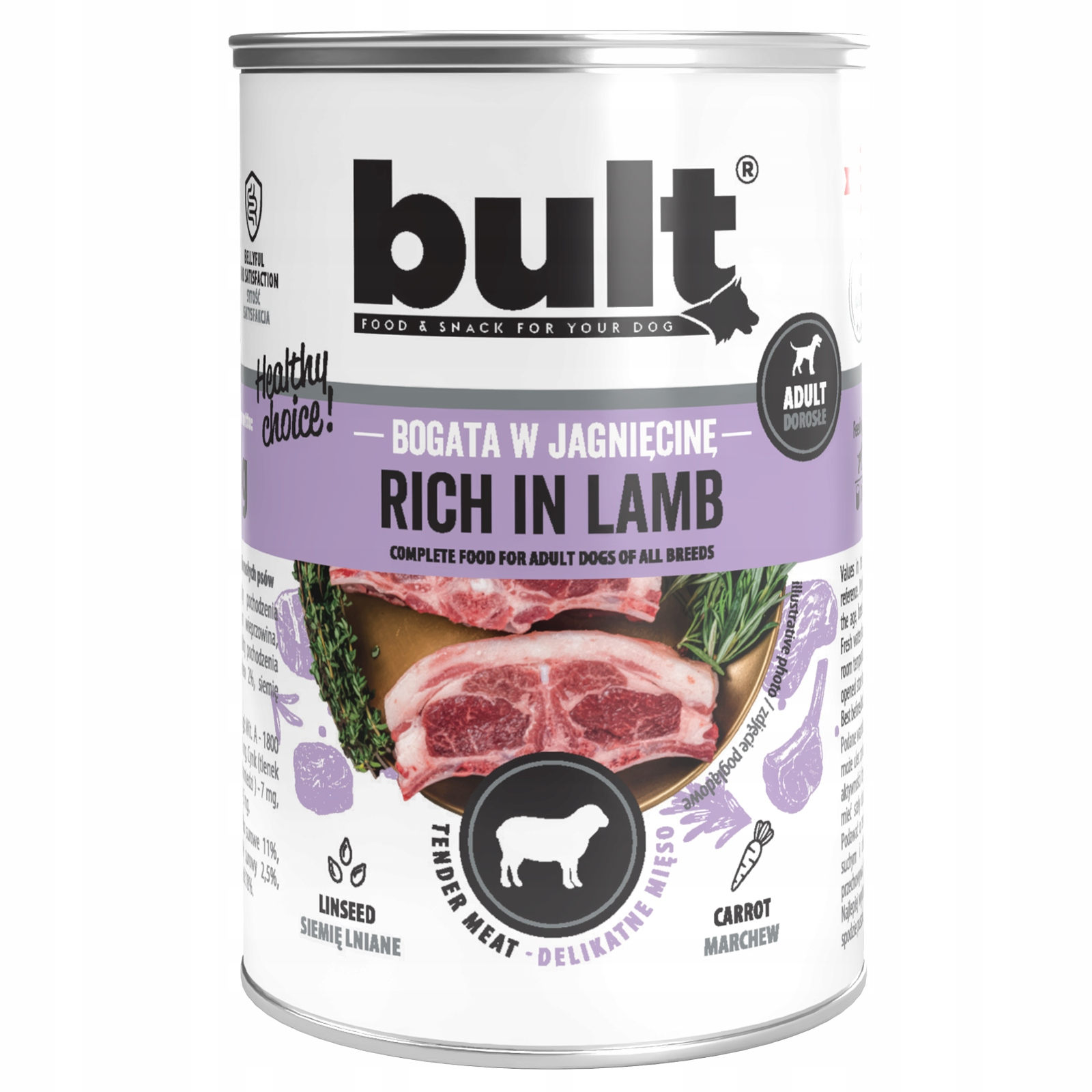 Puszka karmy dla psów z tekstem i zdjęciami jagnięciny. Marka to 'bult'. Jest napisane 'Rich in Lamb' i 'Adult Dogs'.
