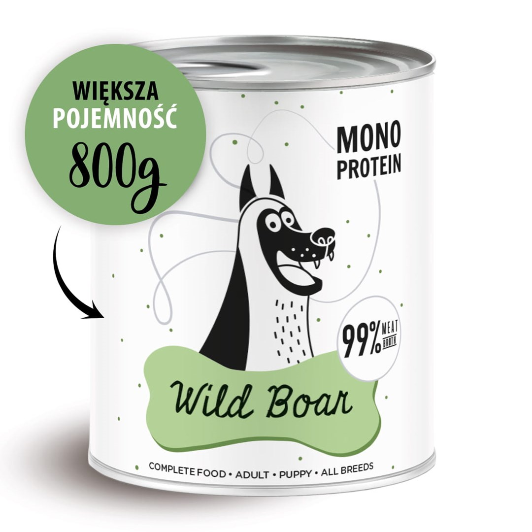 Puszka karmy dla psów. Widnieje napis 'Dziki Knur', 'Mono Protein', '99% bulionu mięsnego' i '800g'. Zawiera kreskówkę psa.