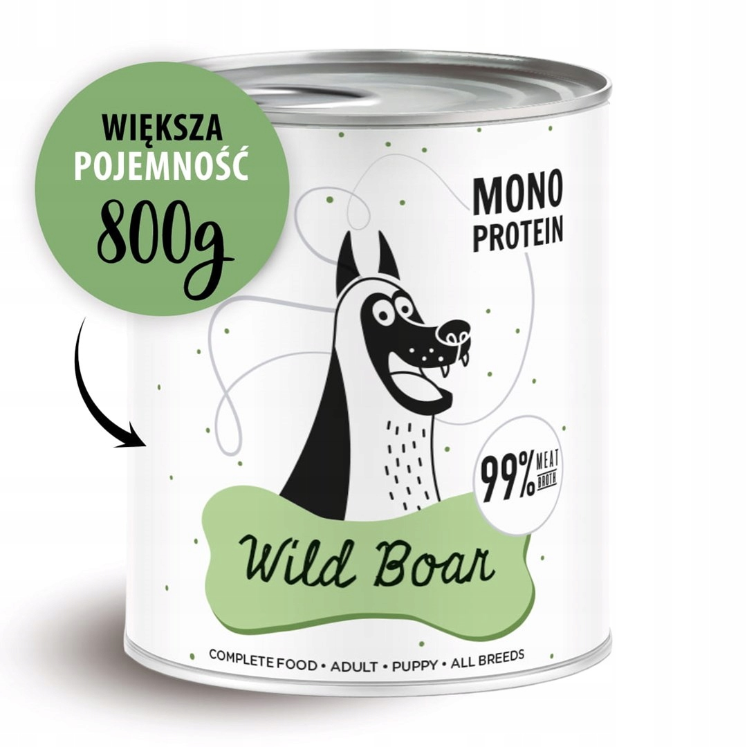Puszka karmy dla psów z kreskówkowym psem. Widnieją napisy: 'Dzik', 'Mono Protein' i '800g'. Jest to pełnoporcjowa karma dla dorosłych i szczeniąt.