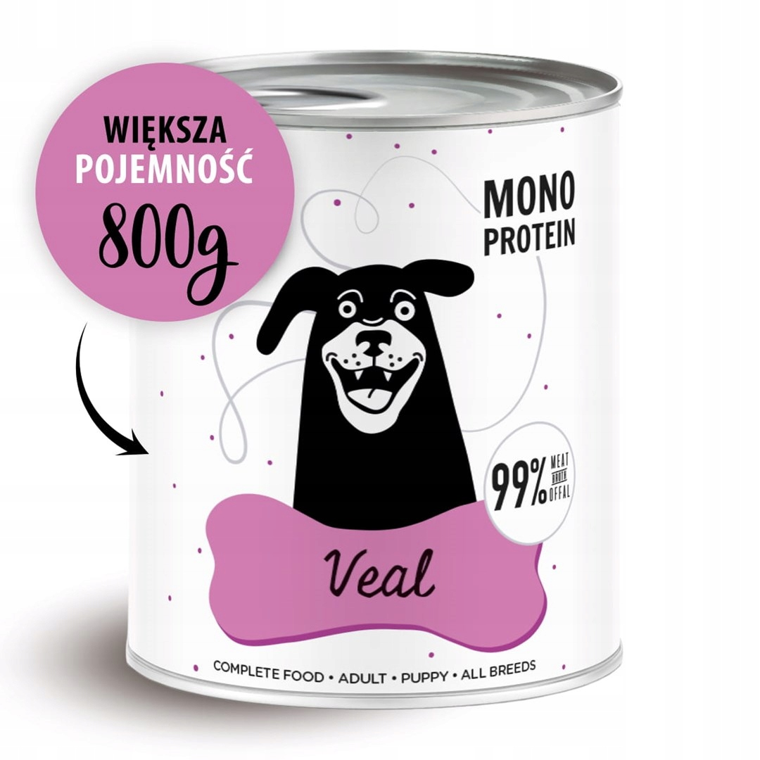 Una lata de comida para perros con una ilustración de un perro de dibujos animados. Dice 'Ternera' y 'Mono Proteína'. Un círculo rosa dice '800g'. La lata es blanca.