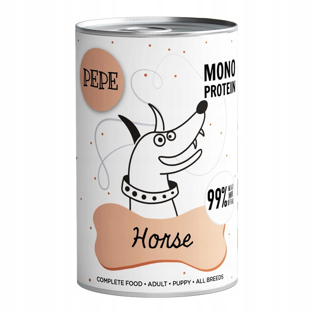 Lata de comida para perros etiquetada 'Pepe'. Ilustración de perro y texto 'Horse' con detalle '99% carne'.