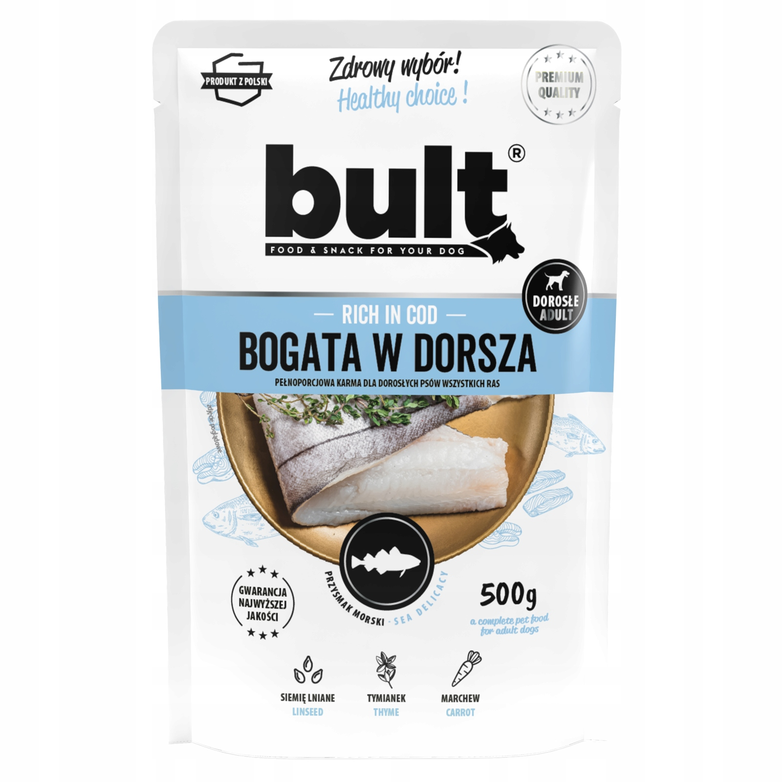 Torba karmy dla psów z dorszem, tymiankiem i marchewką. Jest napisane 'Healthy choice!' i 'Rich in cod'.