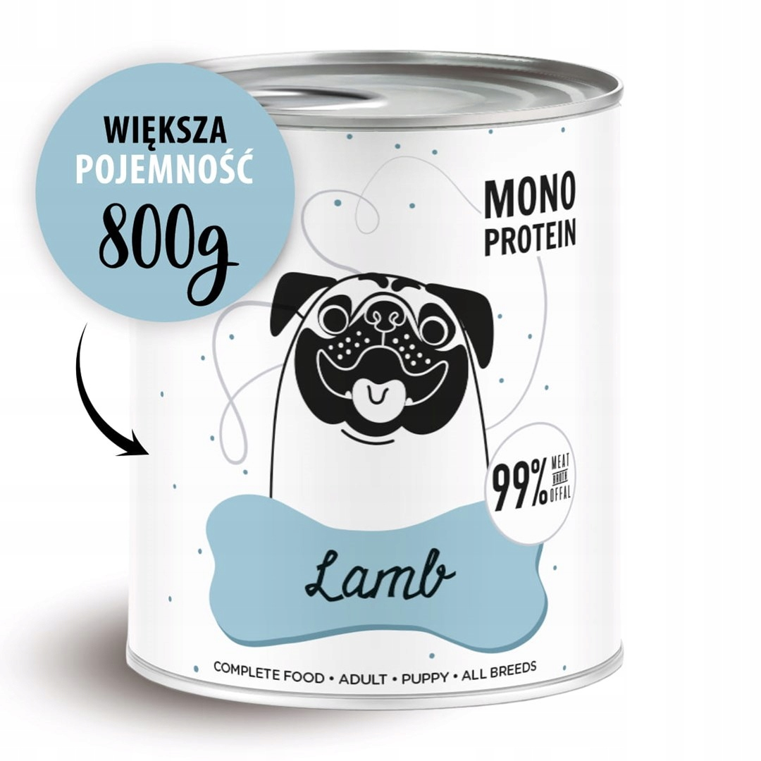 Puszka karmy dla psów z ilustracją mopsa. Tekst zawiera 'Jagnięcina', 'Mono białko' i '99% mięsa'. Niebieskie koło z napisem '800g'.
