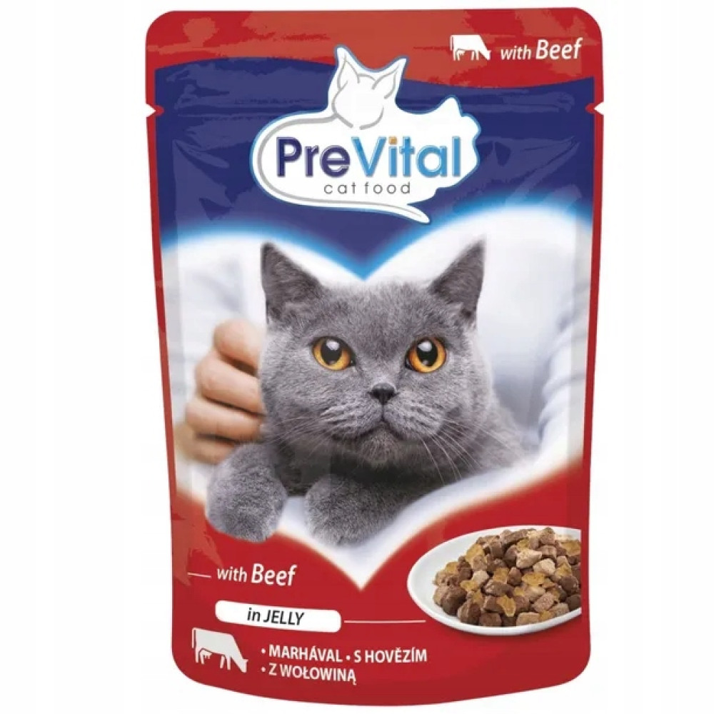 Kot na opakowaniu karmy z wołowiną w galarecie. Kot jest szary z żółtymi oczami. Opakowanie jest czerwono-niebieskie.