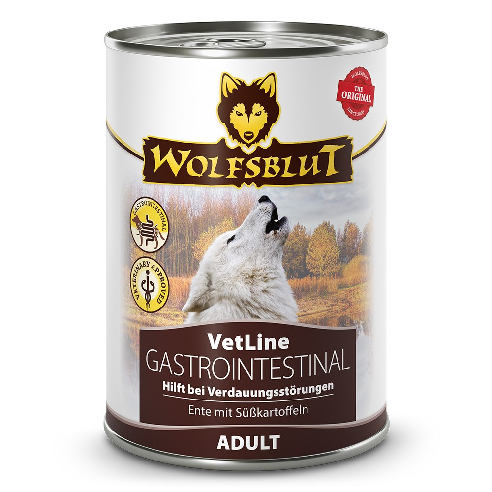 Puszka karmy dla psów. Biały wilk wyje. Marka to Wolfsblut. Tekst mówi 'VetLine GASTROINTESTINAL' i 'ADULT'.