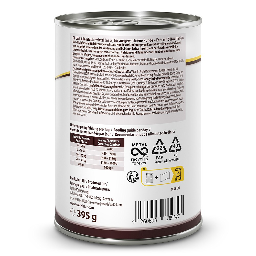 Puszka karmy dla psów z tekstem i informacjami o wartości odżywczej. Zawiera symbole recyklingu i kod kreskowy. 395g.