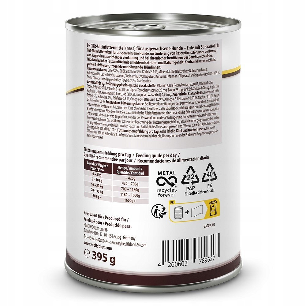 Puszka karmy dla psów z listą składników po niemiecku. Zawiera wagę, symbole recyklingu i szczegóły produkcji.
