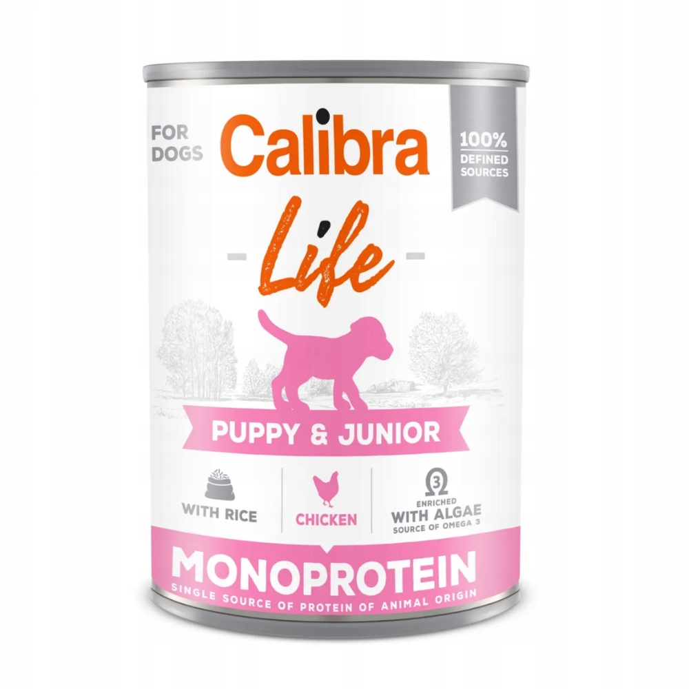 Lata de comida para perros con Calibra Life, silueta rosa de cachorro, texto 'Puppy & Junior', pollo, arroz, algas y 'Monoprotein'.