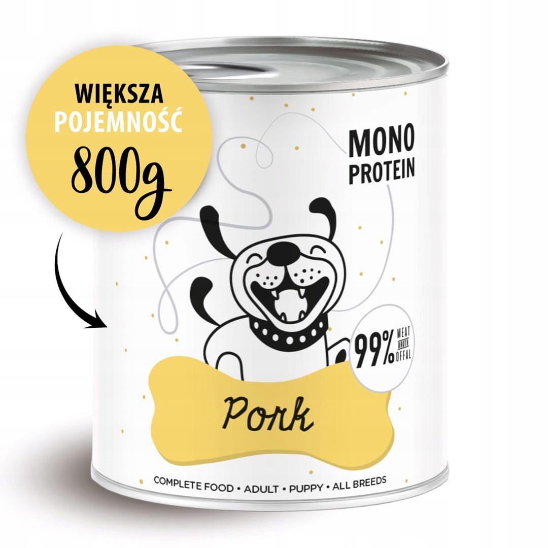Puszka karmy dla psów z kreskówkowym psem, etykietą 'Pork' i '800g'. Tekst: Mono Protein, 99% mięsa, karma pełnoporcjowa dla wszystkich ras.