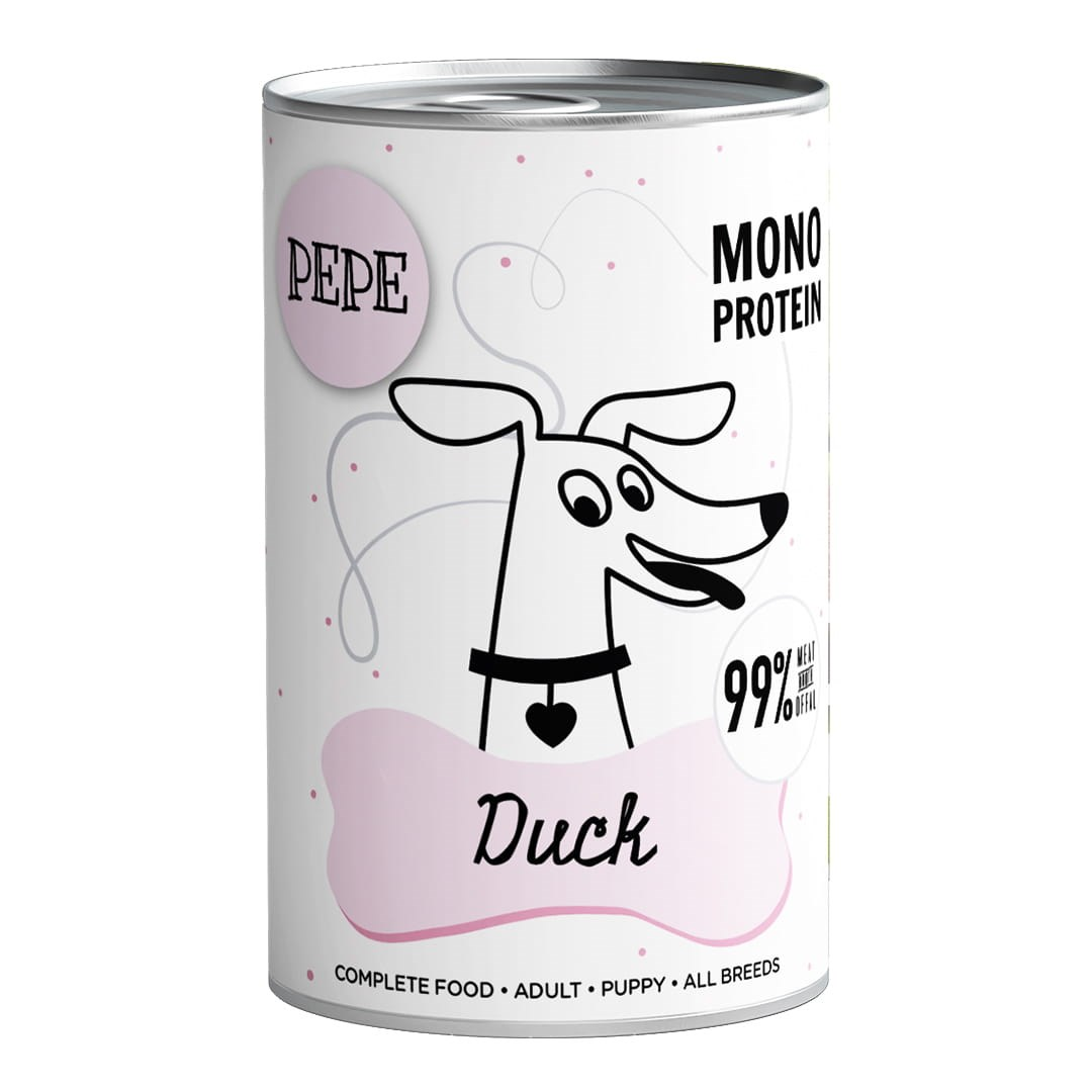 Puszka karmy dla psów z etykietą 'PEPE', z ilustracją psa i napisem 'Duck'. Jest napisane 'MONO PROTEIN' i '99% mięsa/podrobów'.
