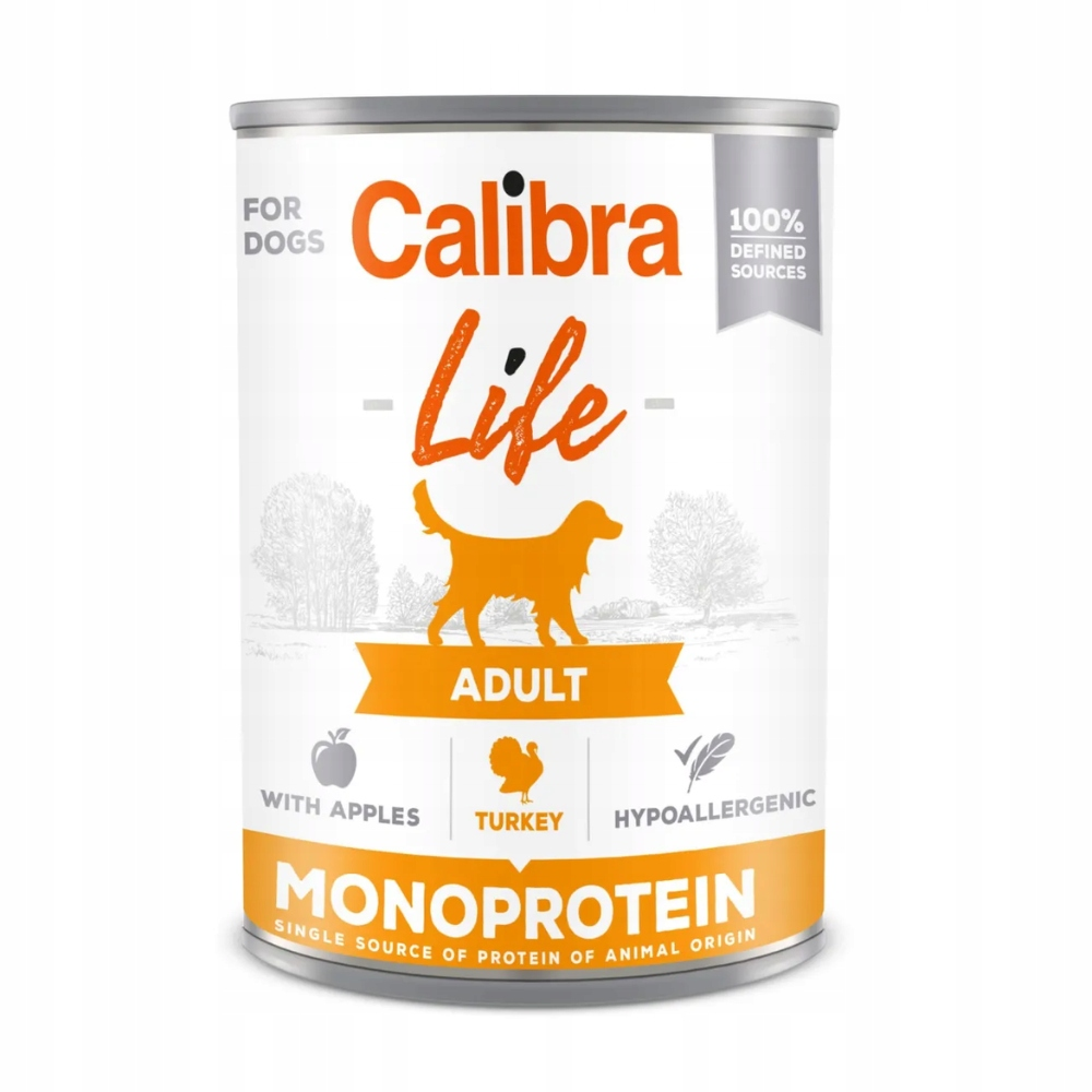 Lata de comida para perros 'Calibra Life' con texto naranja y silueta de perro naranja. Incluye 'Adulto', 'Pavo' y 'Monoproteína'.