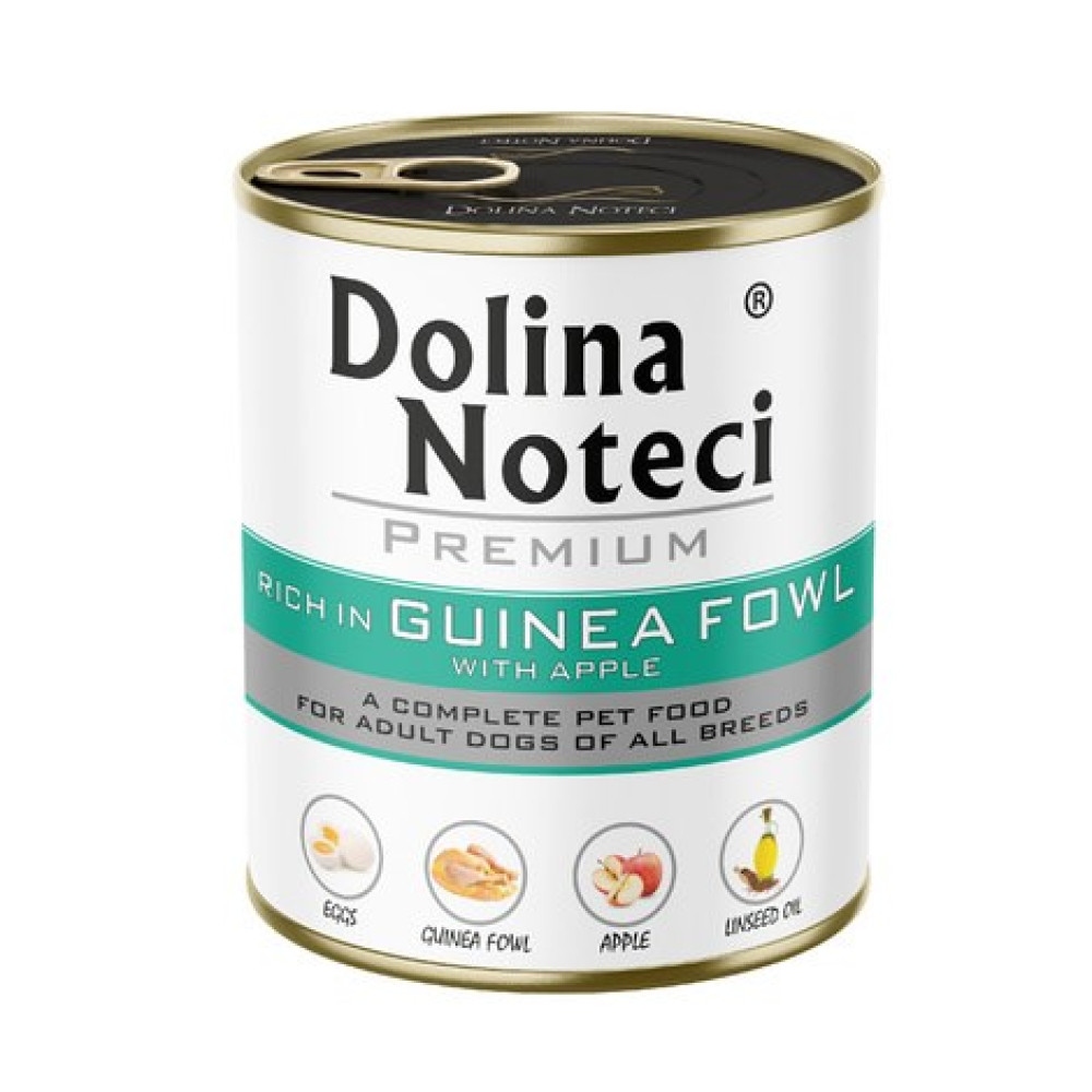 Puszka karmy dla psów z etykietą 'Dolina Noteci'. Napis 'Guinea Fowl with Apple'. Zawiera obrazy jaj, drobiu, jabłka i oleju.