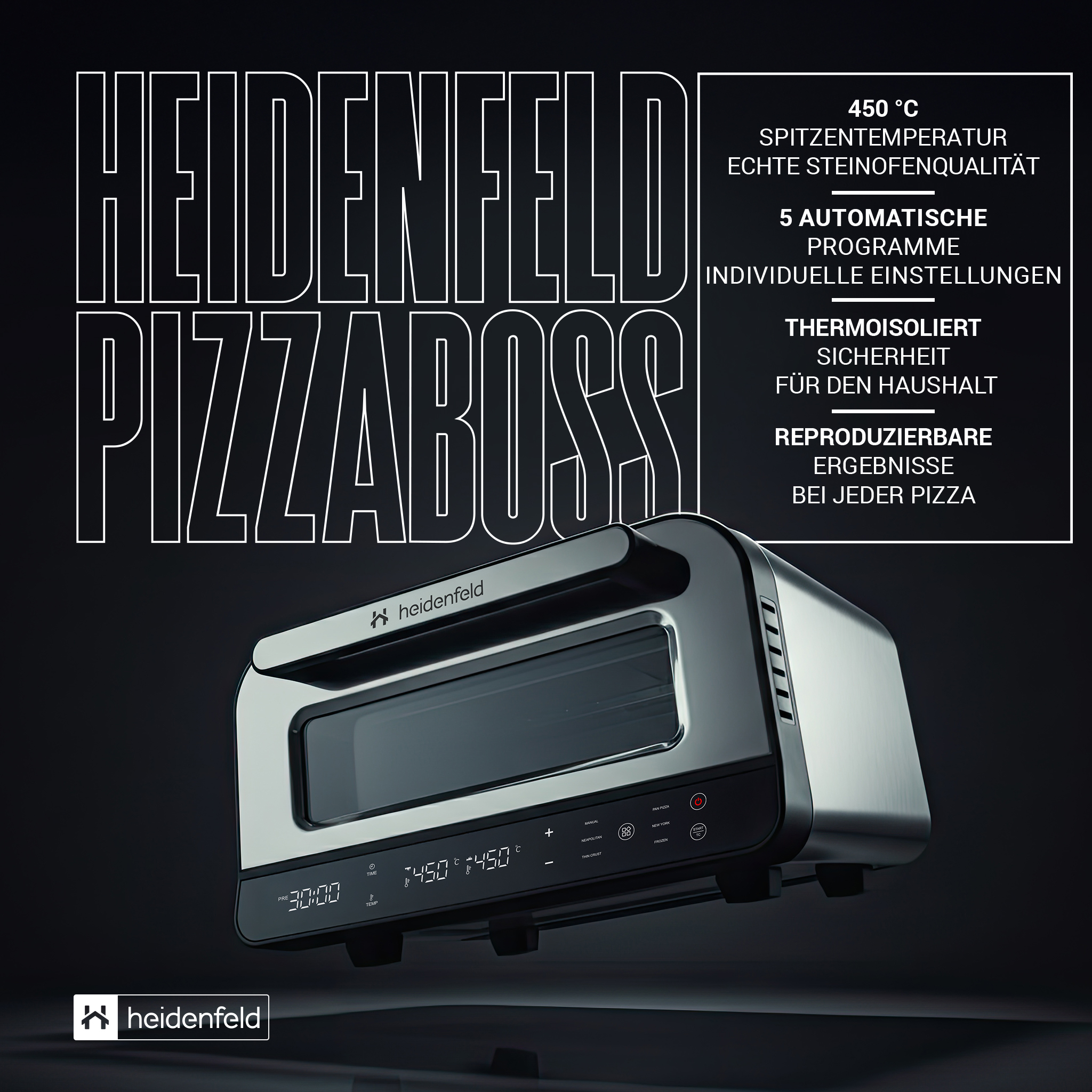 Ein Heidenfeld PizzaBoss-Ofen. Textdetails: Temperatur, Programme, Sicherheit. Schwarzer Hintergrund. Der Ofen ist silber und schwarz.