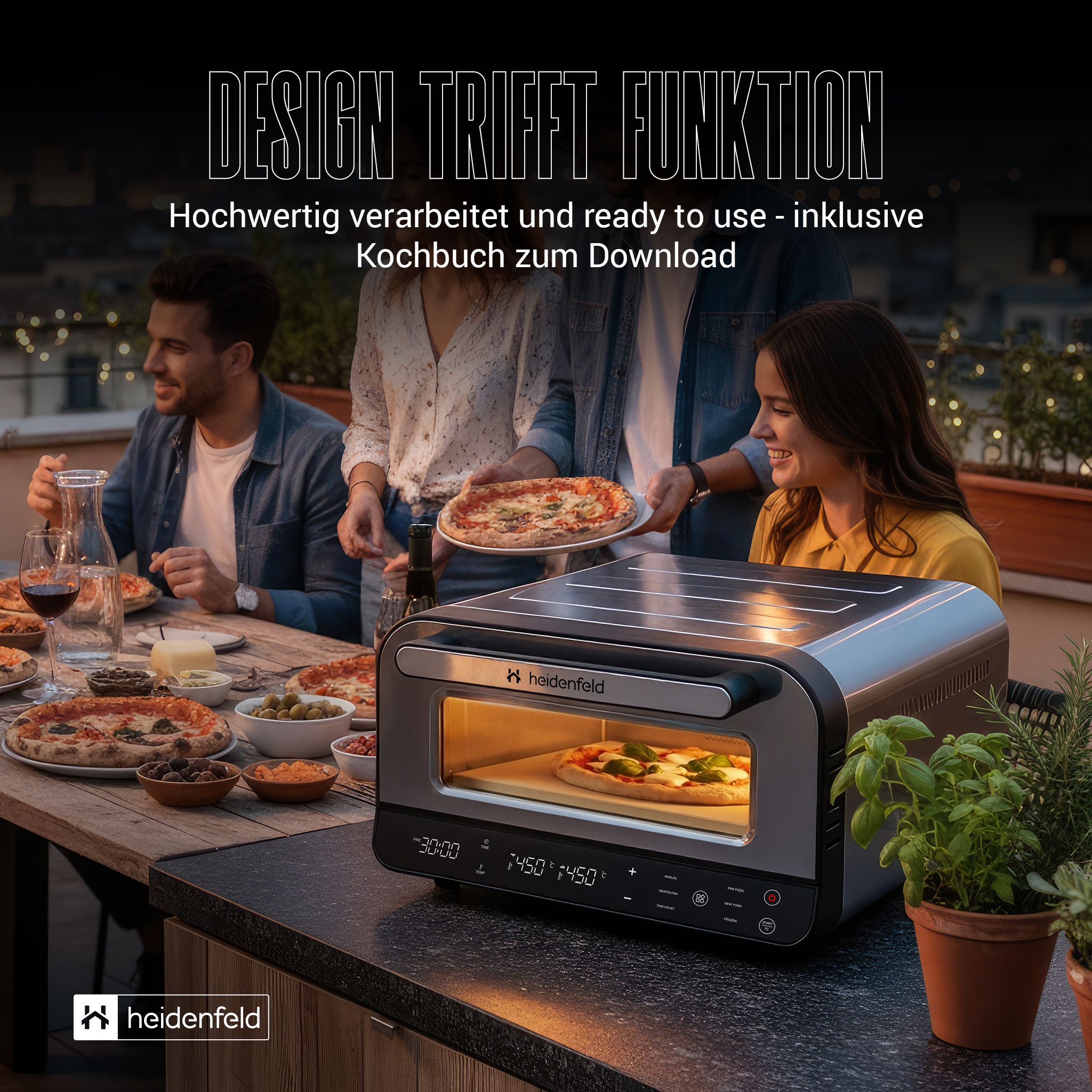 Menschen auf einer Terrasse mit Pizza und einem Pizzaofen. Eine Frau lächelt. Der Ofen steht auf einer schwarzen Theke.