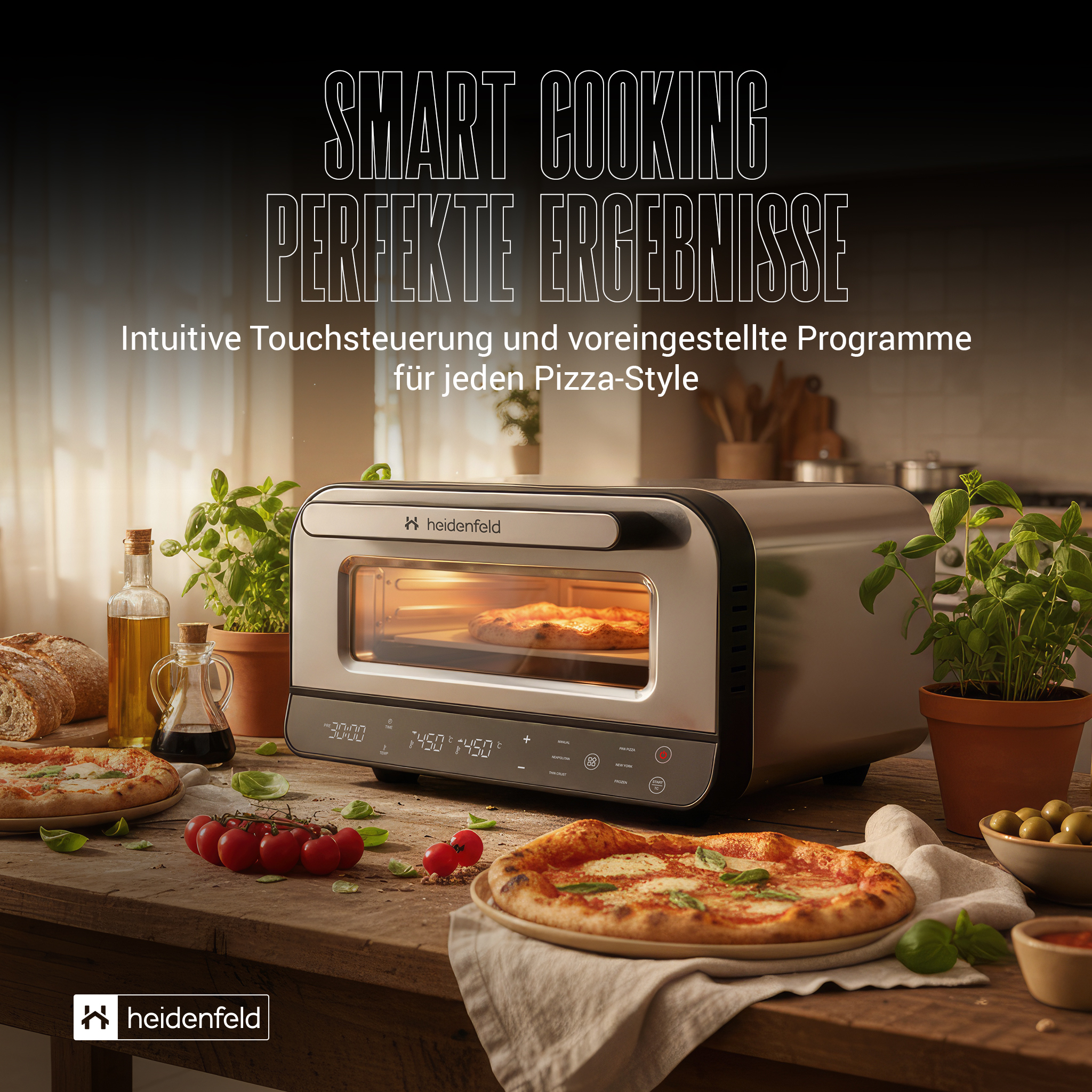 Pizzaofen mit Pizza, Tomaten, Basilikum und Olivenöl auf einem Holztisch. Der Ofen steht im Zentrum.