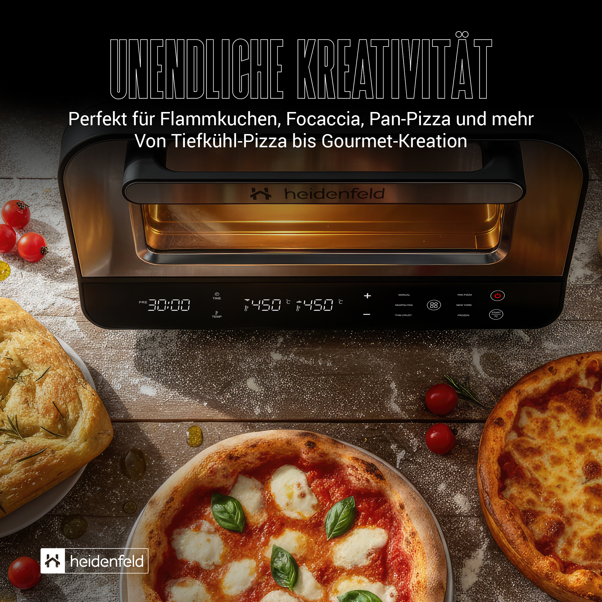 Ofen mit Pizzen und Focaccia. Text sagt 'Unendliche Kreativität', ideal für verschiedene Pizzen.