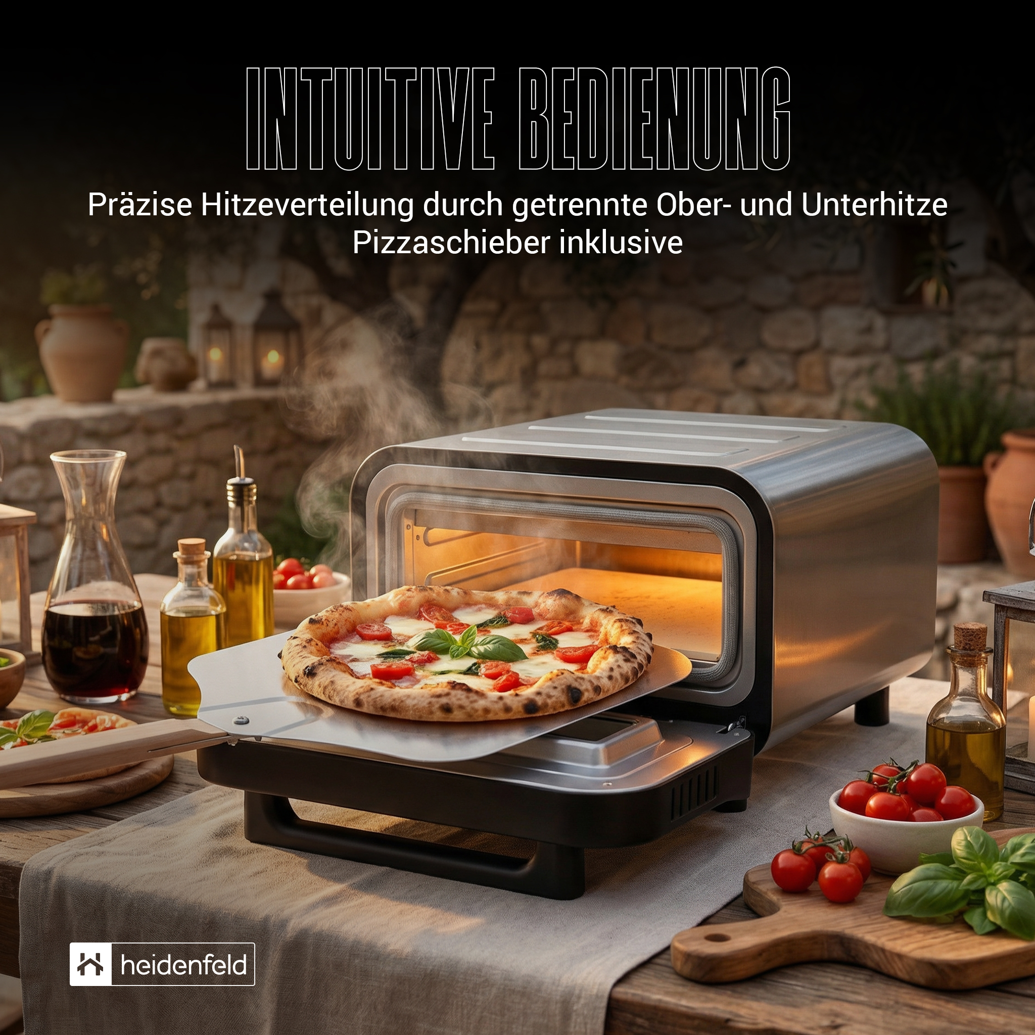 Pizza im Ofen. Tomaten, Basilikum, Ölflaschen und ein Pizzaschieber auf dem Tisch. Outdoor-Umgebung mit verschwommenem Hintergrund.