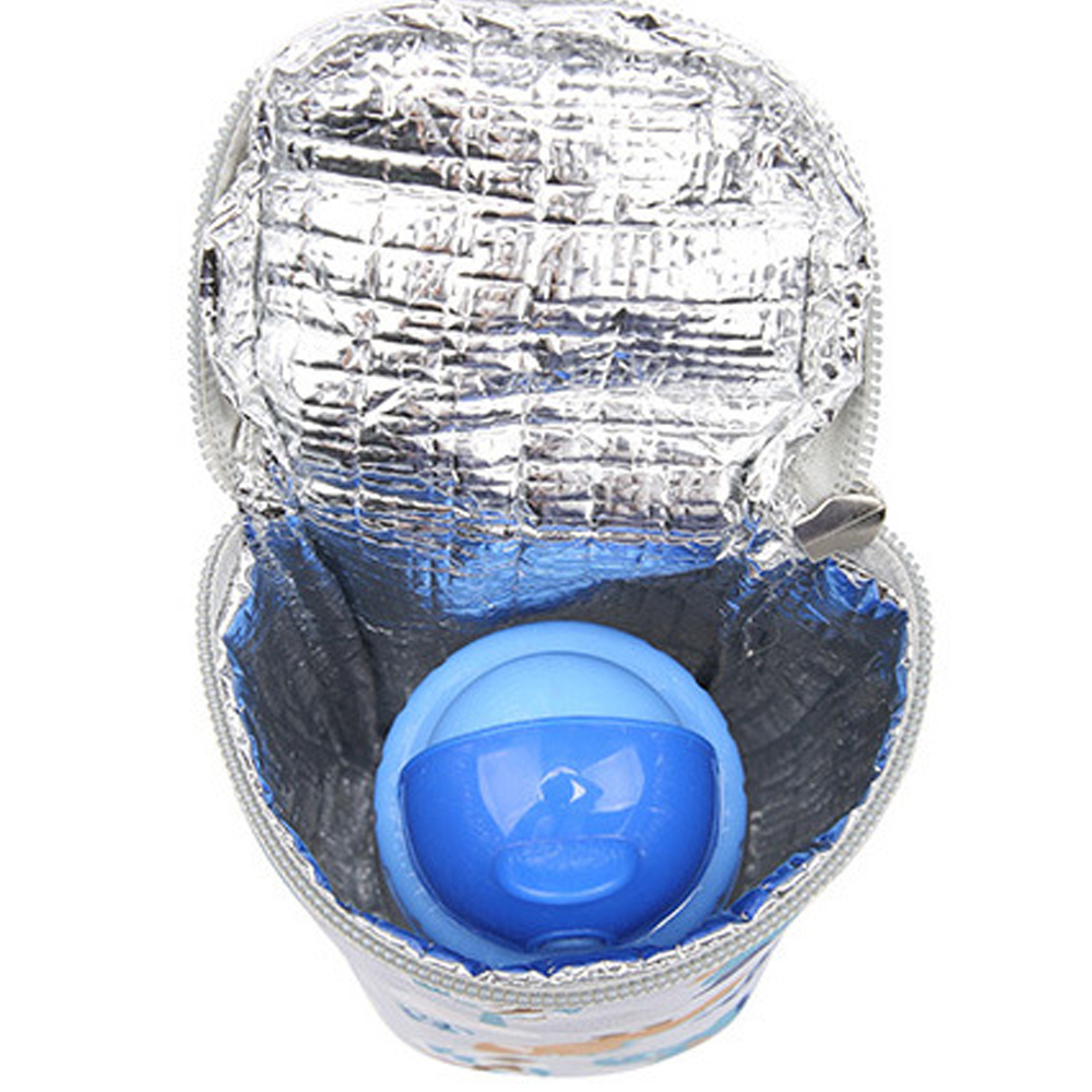 Eine isolierte Flaschentasche mit einer blauen Flasche darin. Die Tasche ist geöffnet und zeigt ein silberfarbenes Innenfutter und einen Reißverschluss.