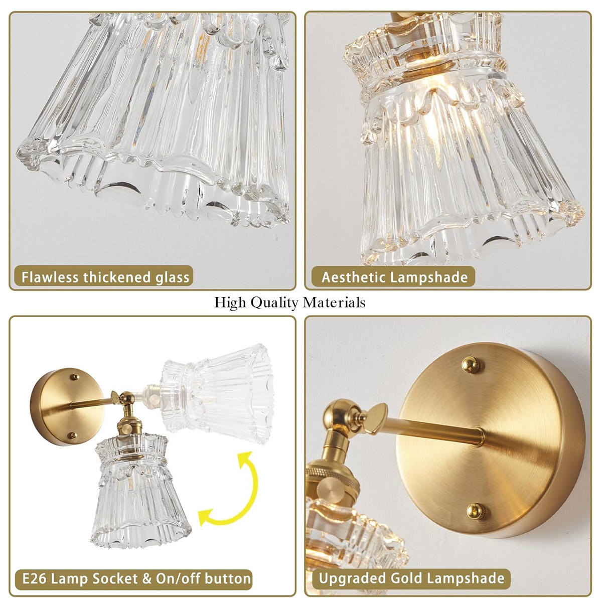 Vier Bilder zeigen eine Glaslampe mit goldenen Akzenten. Details umfassen den Glasschirm, die E26-Fassung, den Ein/Aus-Schalter und den goldfarbenen Lampenschirm.