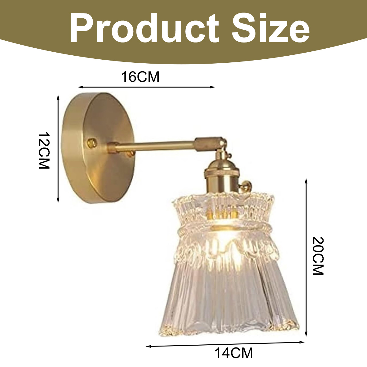 Eine goldene Wandleuchte mit Glasschirm. Abmessungen sind angegeben: 16cm, 12cm, 20cm und 14cm.