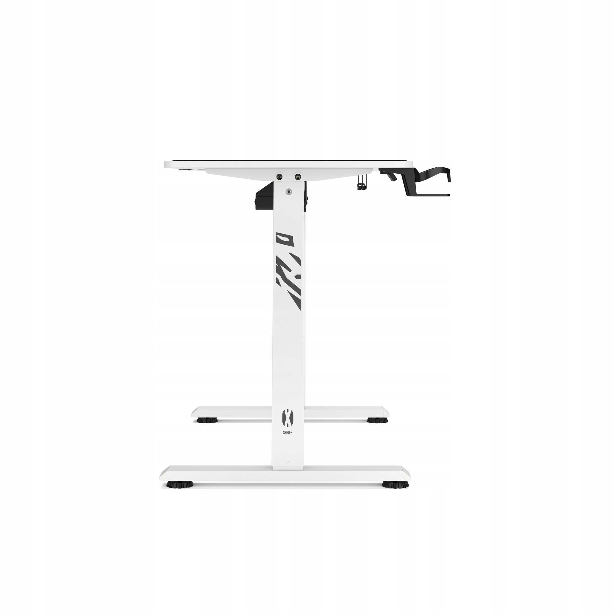 Białe biurko stojące z czarnymi akcentami. Posiada poziomy blat, centralną kolumnę i podstawę.