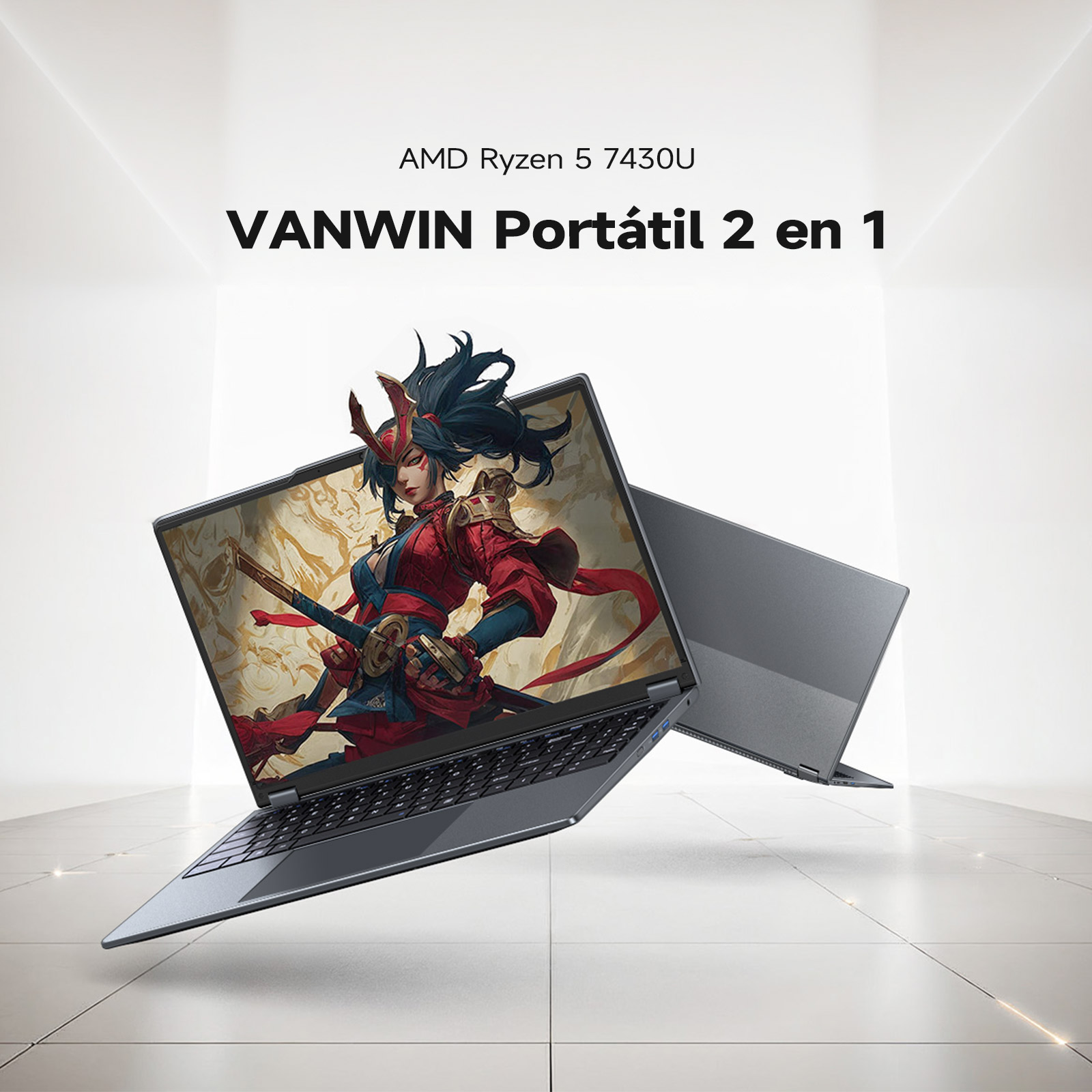 Dos portátiles, uno abierto mostrando un personaje de anime, el otro cerrado. Texto: AMD Ryzen 5 7430U y Vanwin Portátil 2 en 1.